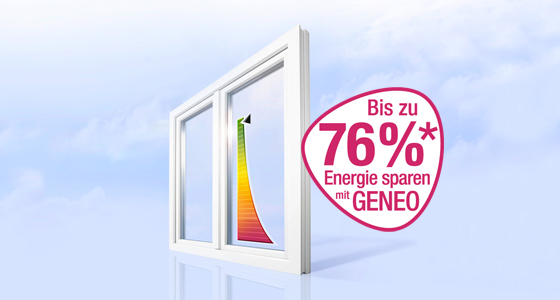 *Senkung des Energieverlusts am Fenster bei einem Wechsel von alten Holz/Kunststofffenstern der 80er Jahre(Uf=1,9, Ug=3,0) zu Fenstern aus GENEO®-Profilen (Uf=0,86, Ug=0,5, Fenstergröße 123 x 148cm) REHAU-Geneo